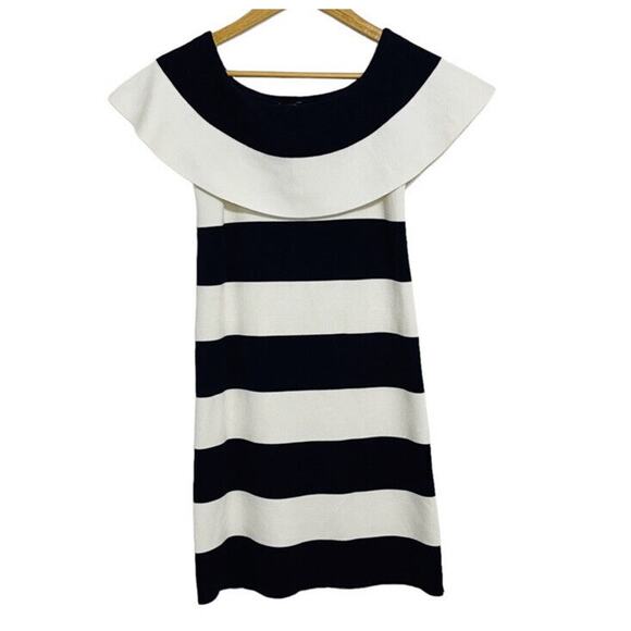 Ann Taylor Off The Shoulder Sheath Sweater Dress Striped White Navy Size XXS - Picture 2 of 4